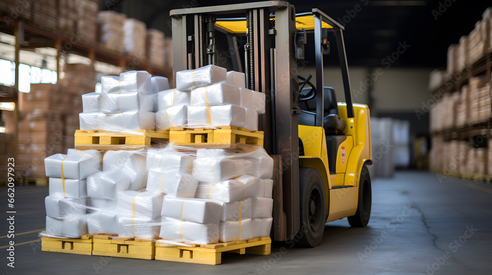 Forklift handling sugar bag for stuffing into container for export. Distribution, Logistics Import Export, Warehouse operation, Trading, Shipment, Delivery concept.