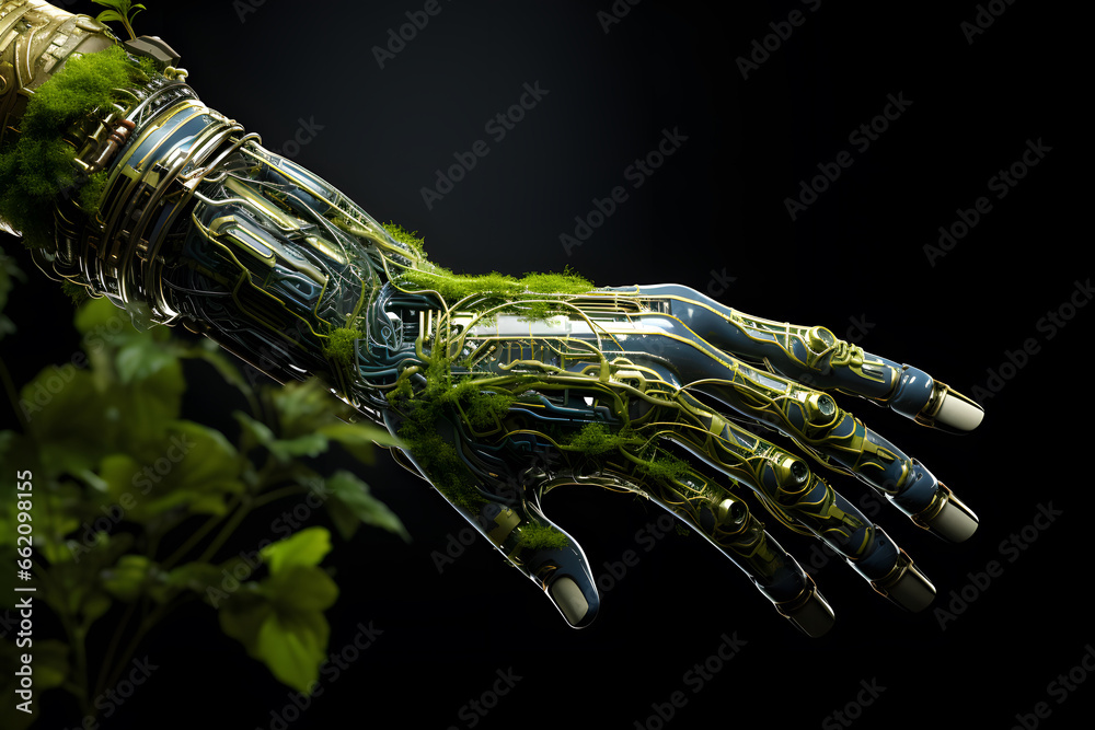 Green technology conceptual design, human arm covered with grass and lush and robotic hand