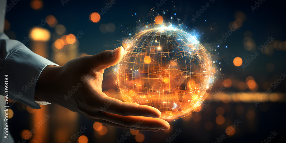 Hand of businessman touching circle global network connection and data exchanges on sunset background, Business networking with customer, Science, Innovation, Communication and technology concept.