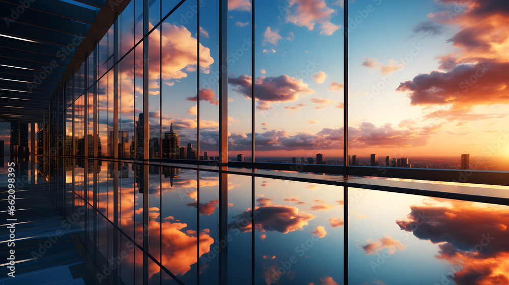 Reflective skyscrapers, business office buildings. low angle view of skyscrapers in city, sunset. Business wallpaper with modern high-rises with mirrored windows.