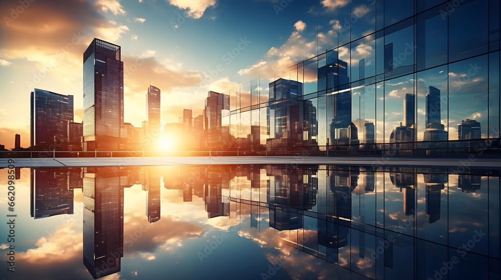 Reflective skyscrapers, business office buildings. low angle view of skyscrapers in city, sunset. Business wallpaper with modern high-rises with mirrored windows.