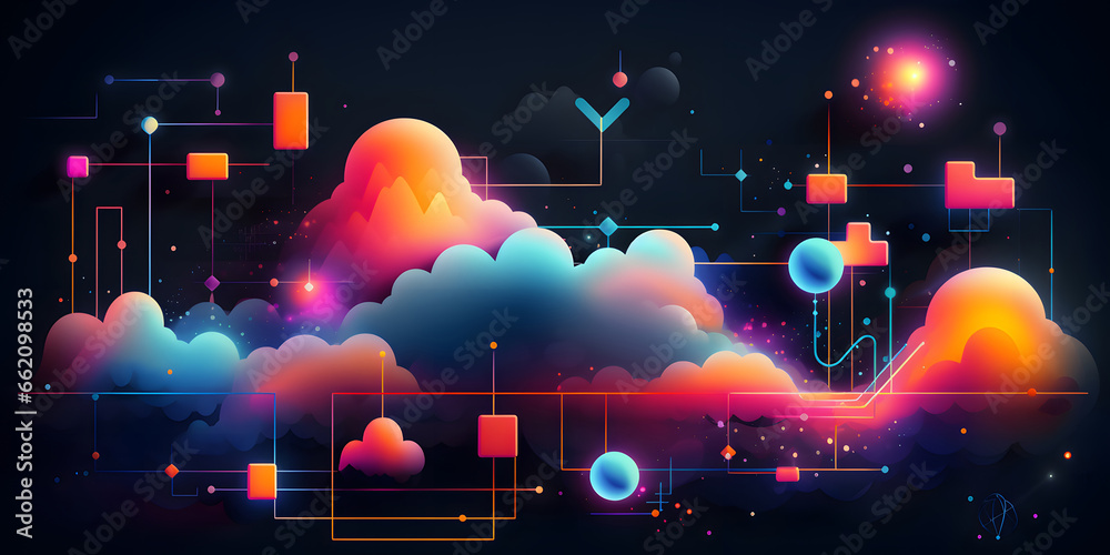 Set of neon geometric shapes and colorful clouds. Abstract minimal background. Fantasy design elements