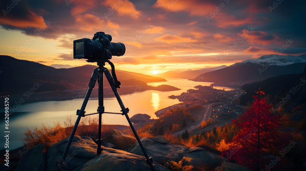 Silhouette of a photography tripod camera who shooting a sunset on the rock, Silhouette photography sunshine