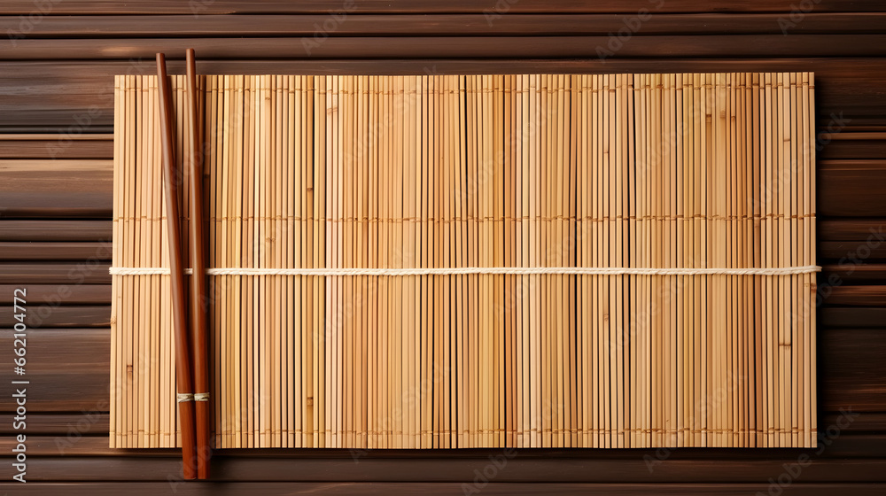 Bamboo mat with pair of chopsticks and rest on wooden table, top view. Space for text