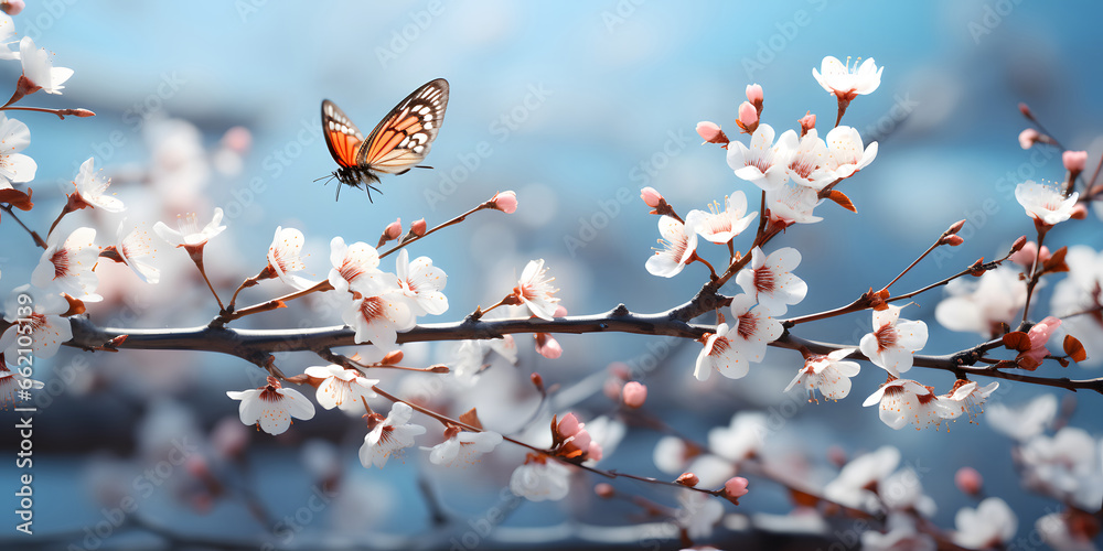 Branches blossoming cherry on background blue sky, fluttering butterflies in spring on nature outdoors