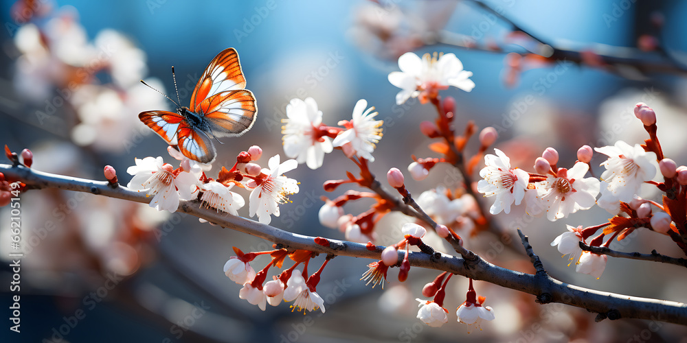 Branches blossoming cherry on background blue sky, fluttering butterflies in spring on nature outdoors