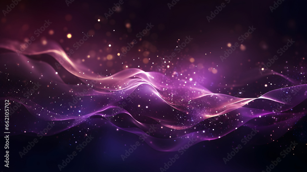 Digital purple particles wave and light abstract background with shining dots stars.