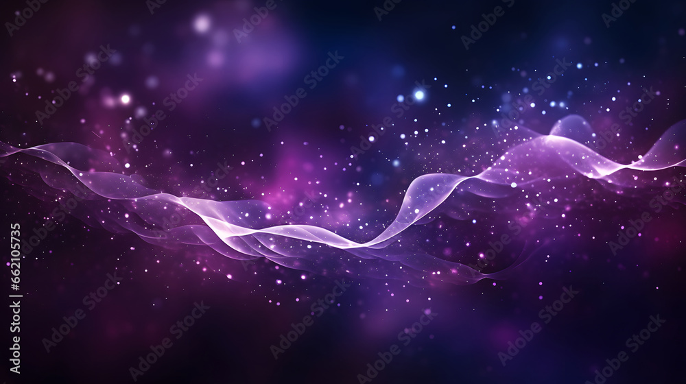 Digital purple particles wave and light abstract background with shining dots stars.