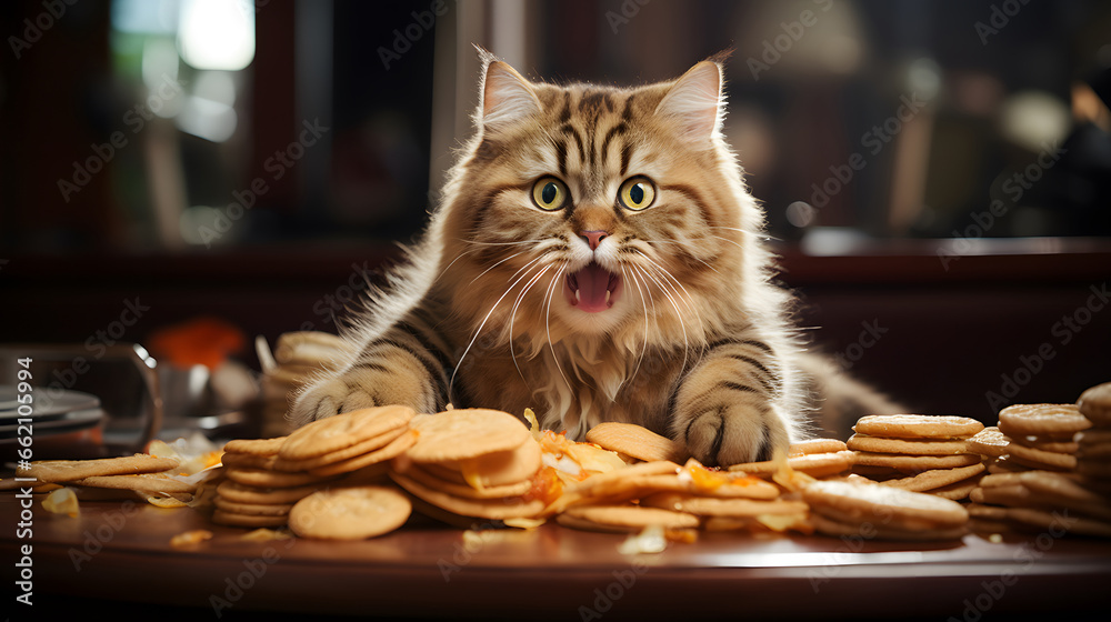 Fat angry hungry cat in fast food restaurant with burger and fried potatoes in front