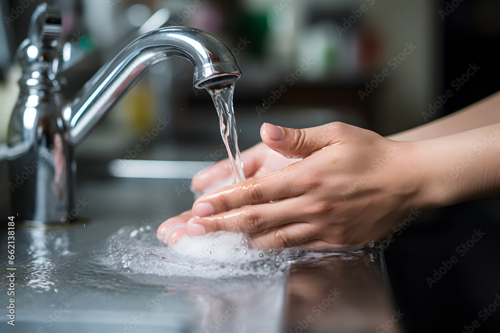 Patient washes his soapy hands under the tap