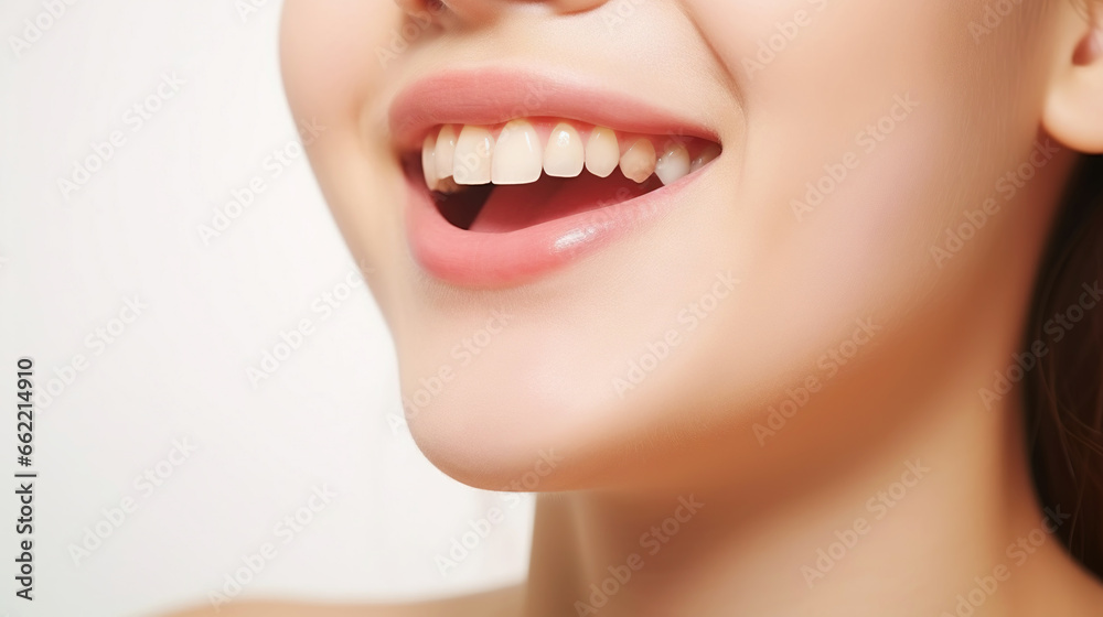 Closeup of beautiful smile of young woman with healthy white teeth. Healthcare concept. Generative AI