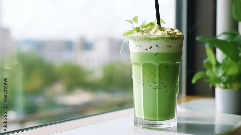 Closeup of iced matcha latte in a stylish glass on sunny background in front of the window in a cafe. Generative AI