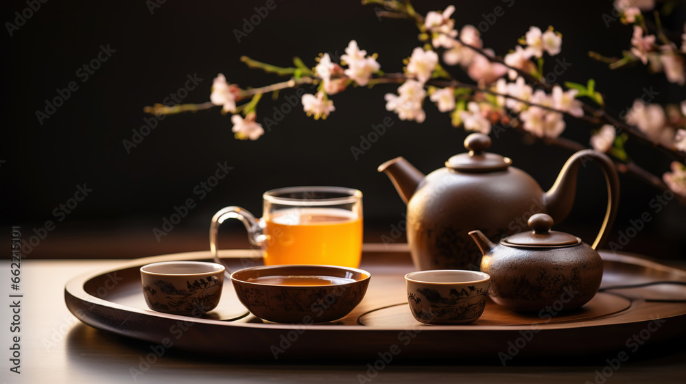 Tea ceremony, traditional teapot and ceramic cups on wooden tray on dark background with sakura blossoms. Generative AI