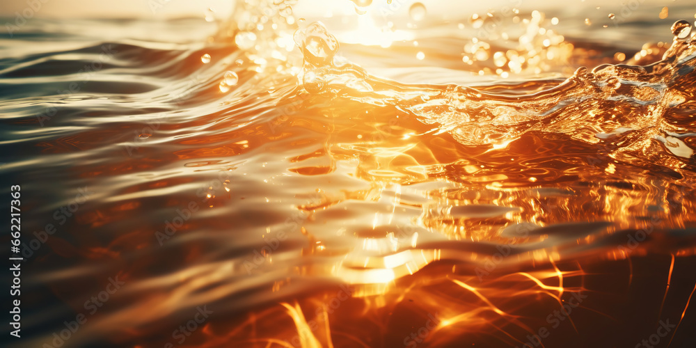 Closeup of the ocean wave. The sea in the light of summer sunset. Travel, vacation concept. Generative AI