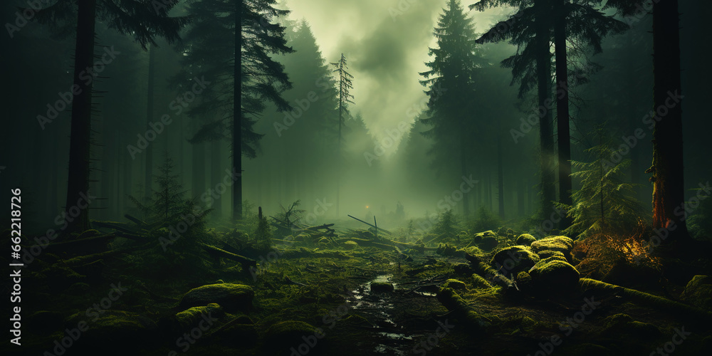 Misty road in fir forest. Minimalistic scenery. Generative AI