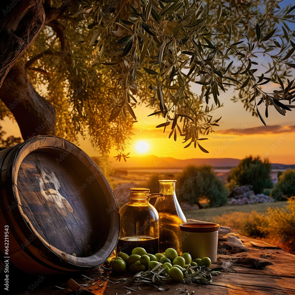 Bottles with organic olive oil and olives on a wooden table on the background of sunset in an farm garden. Generative AI