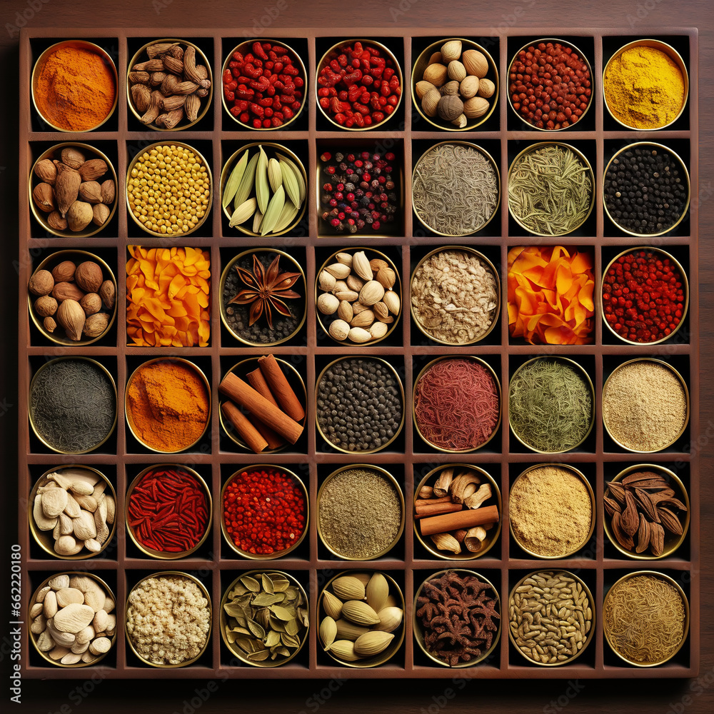 Collection of different aromatic spices and seeds in a wooden cells on black background, view from above. Generative AI