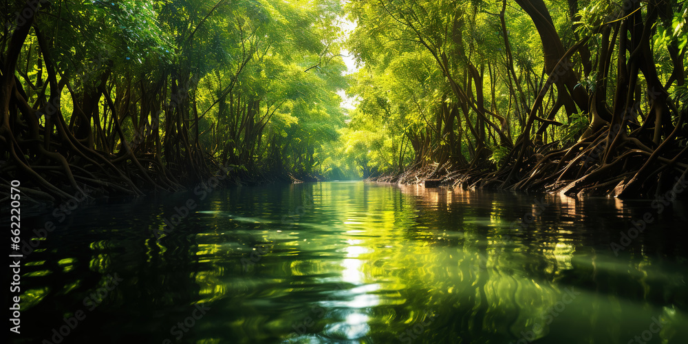 Mangrove forest and calm river in the morning. Minimalist landscape. Generative AI