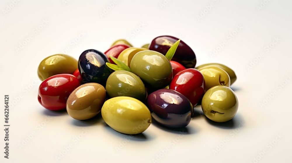  a pile of different colored olives on a white surface.  generative ai