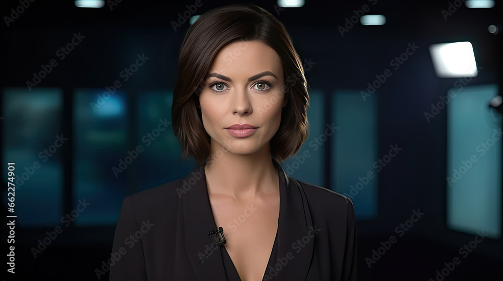 a young confident female in smart dress - female TV news anchor posing at studio.