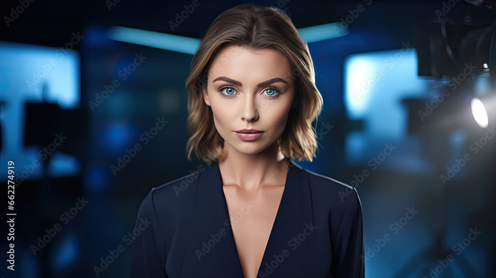 a young confident female in smart dress - female TV news anchor posing at studio.