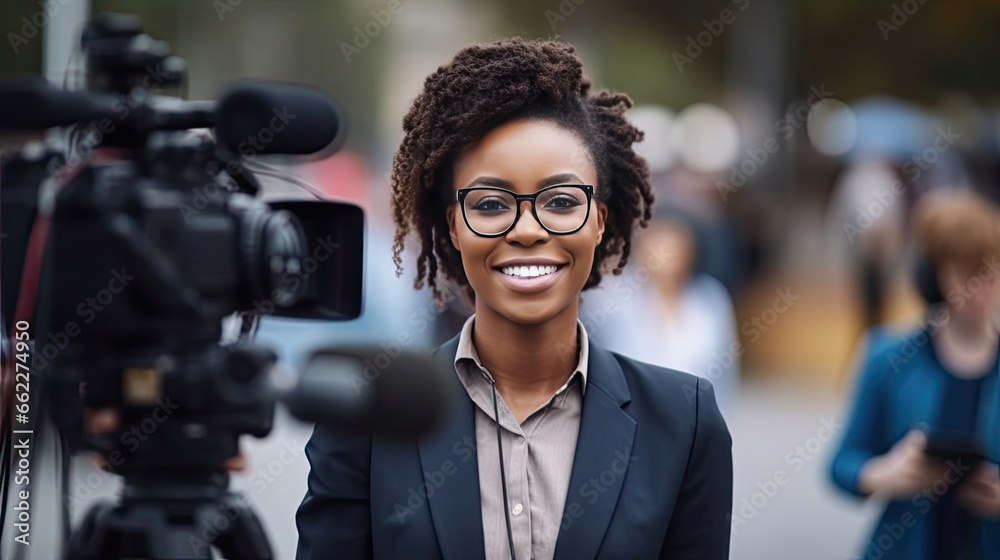 african female news reporter in live broadcasting. Journalism industry, live streaming concept.