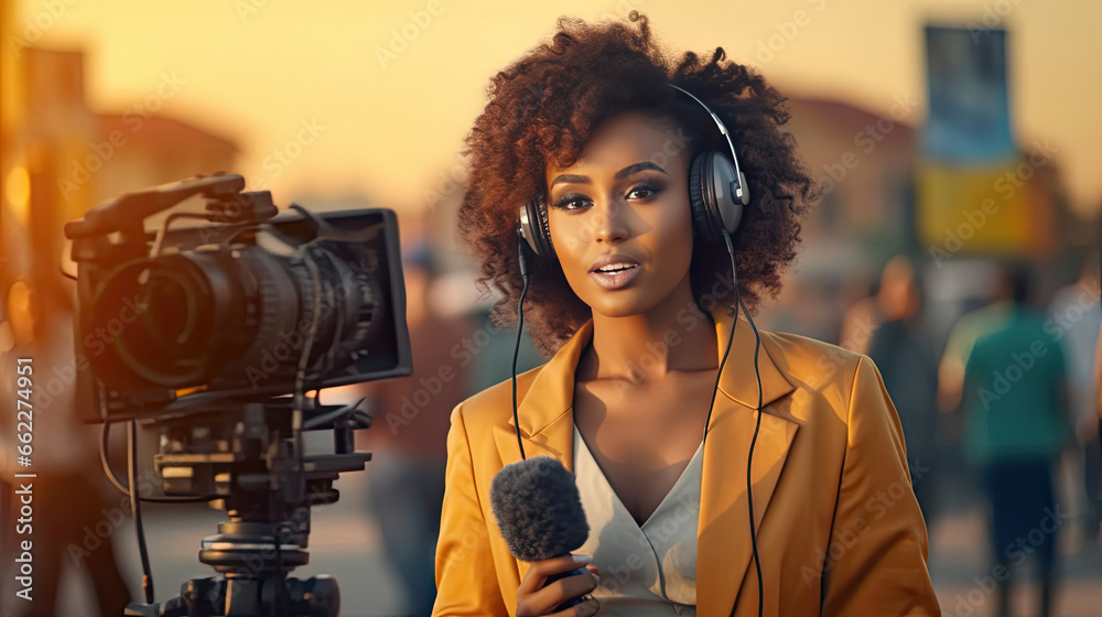 african female news reporter in live broadcasting. Journalism industry, live streaming concept.