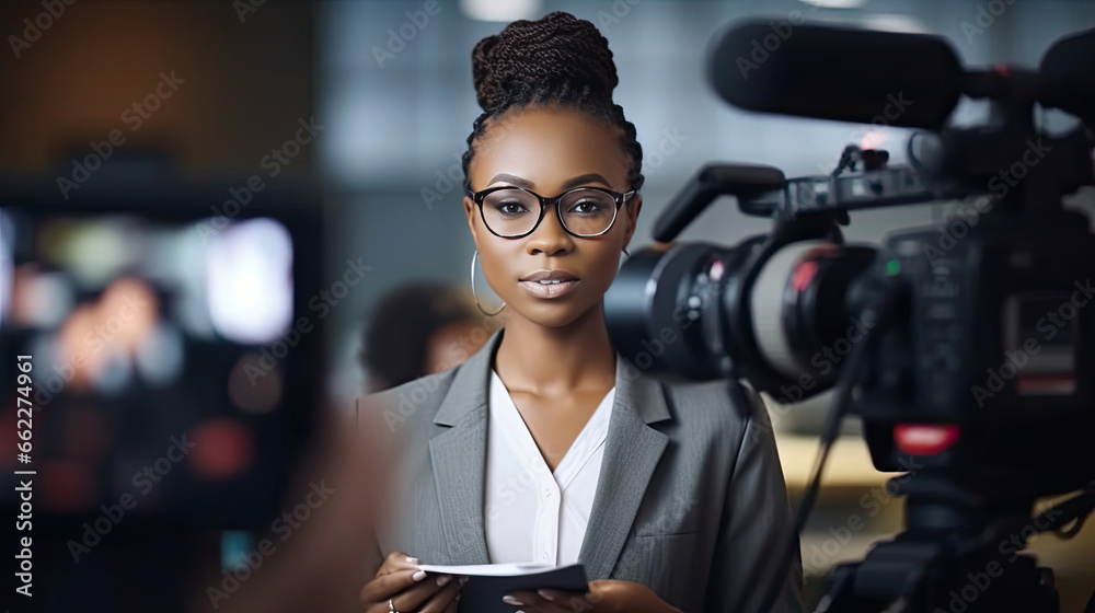 african female news reporter in live broadcasting. Journalism industry, live streaming concept.