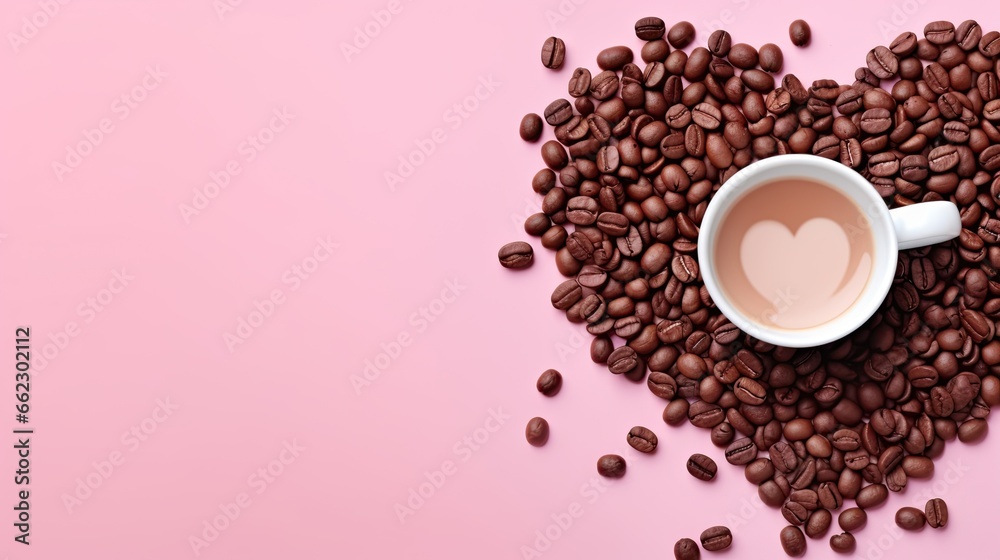  a heart shaped coffee cup surrounded by coffee beans on a pink background.  generative ai