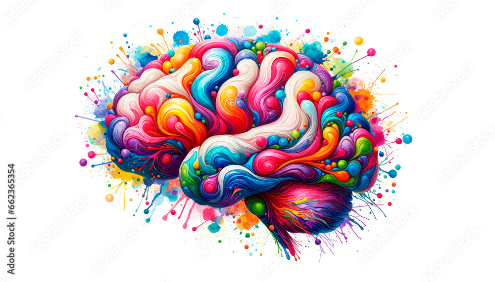 Colorful brain with watercolor splashes isolated on white background. Generative AI