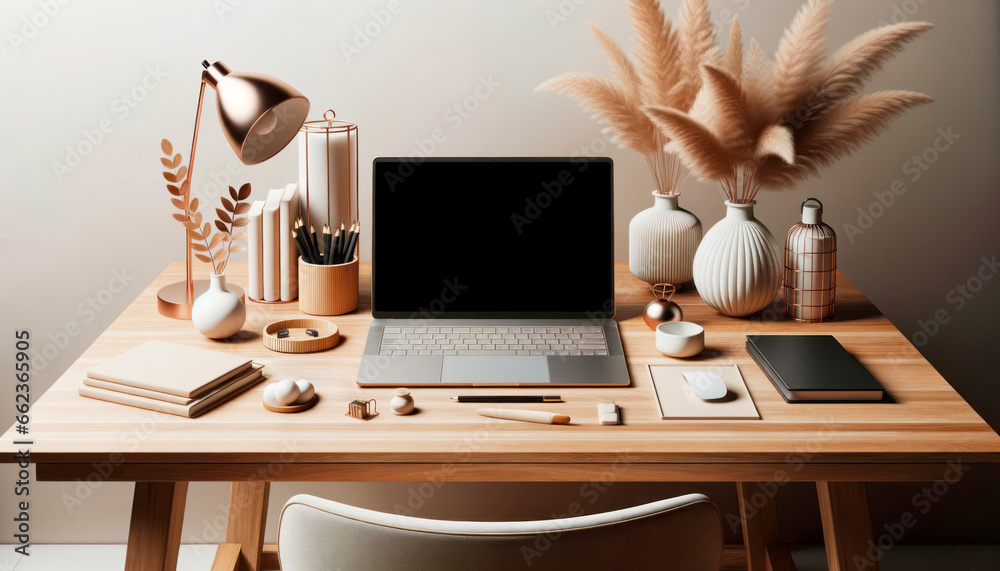 Stylish workplace with laptop, coffee cup and other items on wooden table. Generative AI