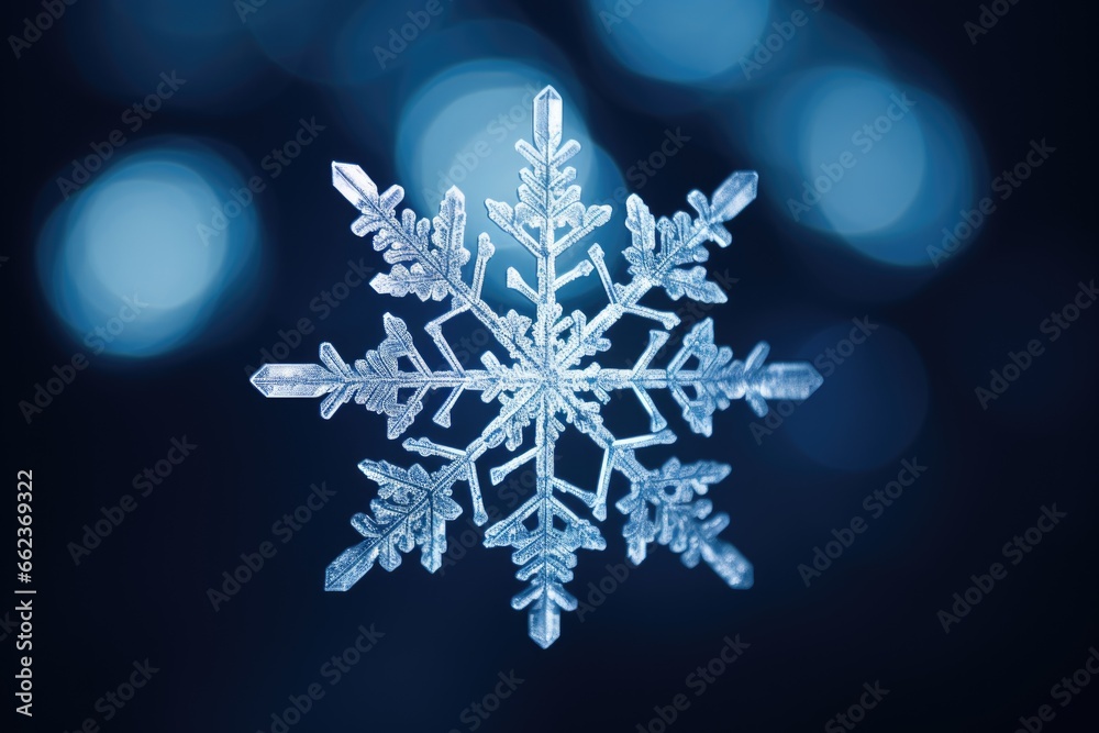 3D illustration of a transparent snowflake decoration isolated on a light blue background