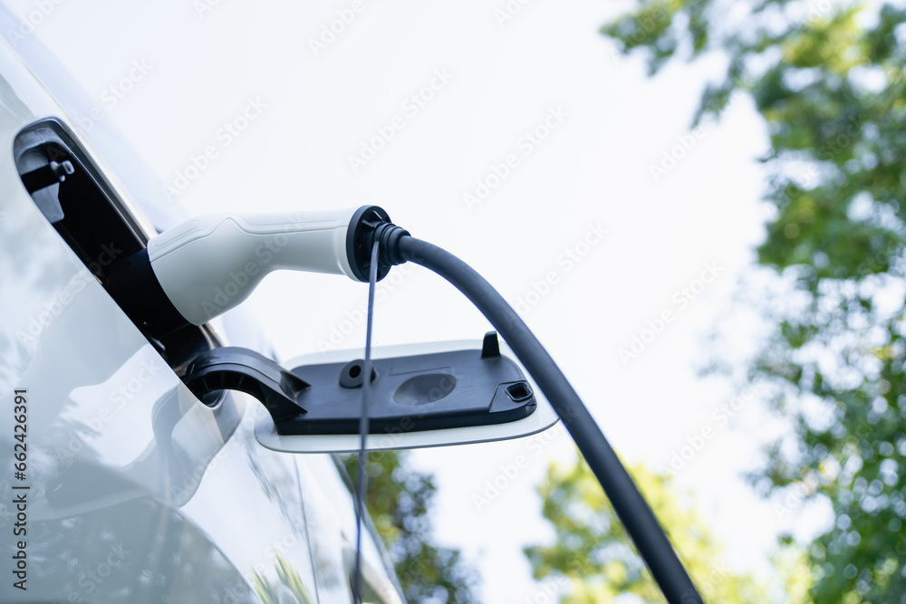 Close up of electric car inlet with a connected charging cable