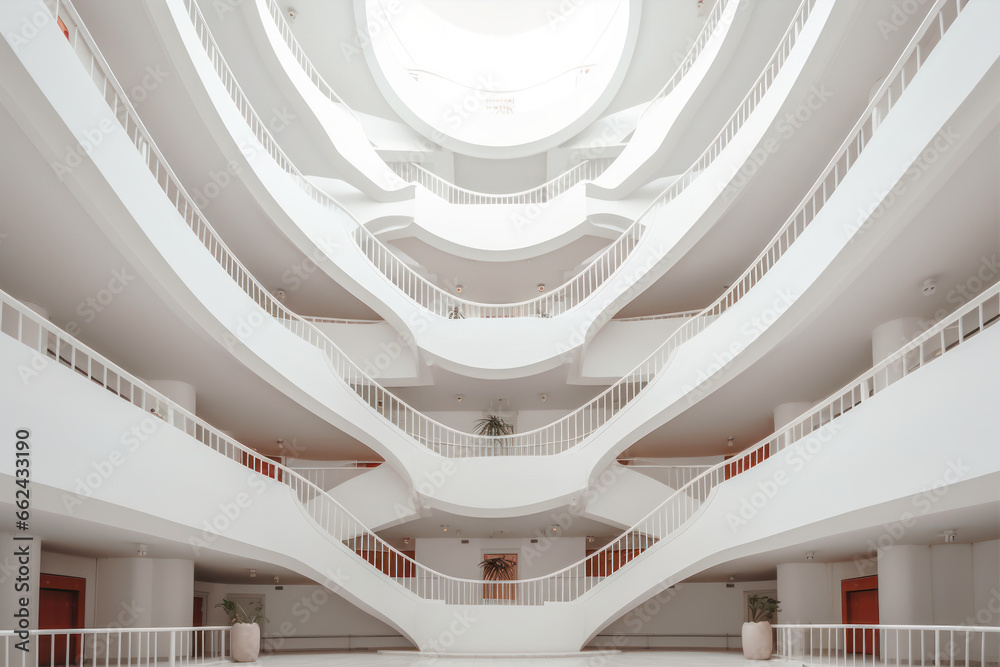 Interior of a modern office building with white spiral staircases.