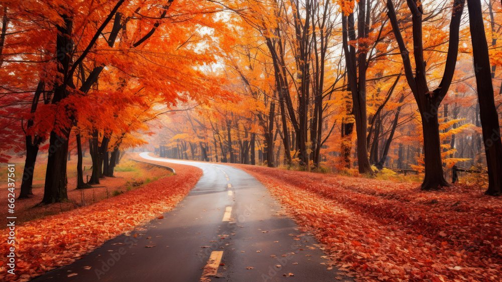 Autumn landscape with road in the forest. Fall season concept.