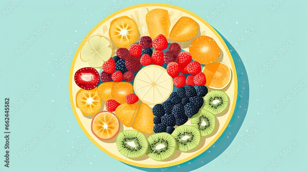  a plate of fruit with kiwis, oranges, strawberries, kiwis and lemons.  generative ai