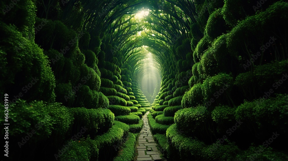  a tunnel of trees with a stone pathway leading to it.  generative ai