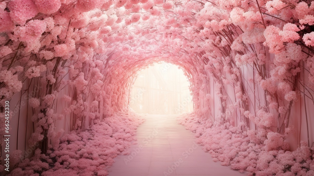  a tunnel of pink flowers with a light at the end.  generative ai