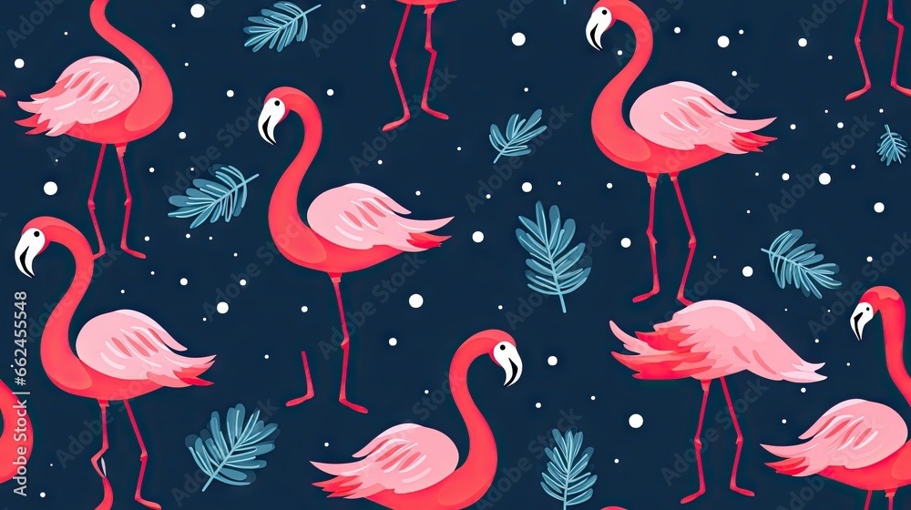  pink flamingos and palm leaves on a dark blue background.  generative ai