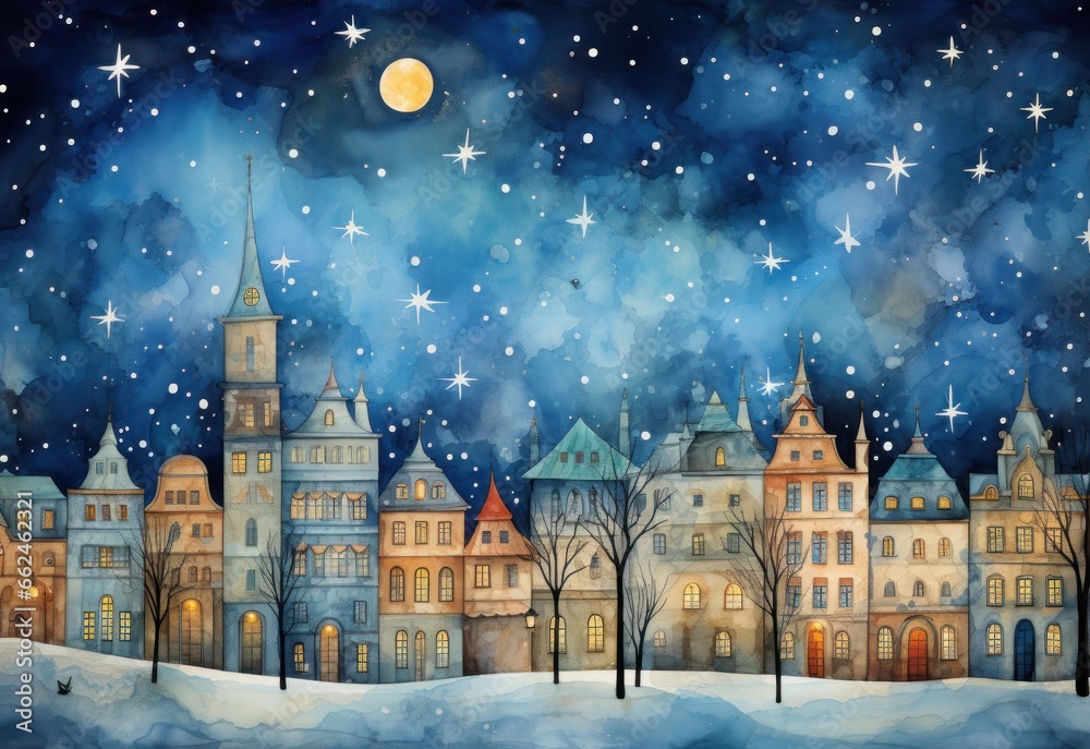 christmas town in watercolor