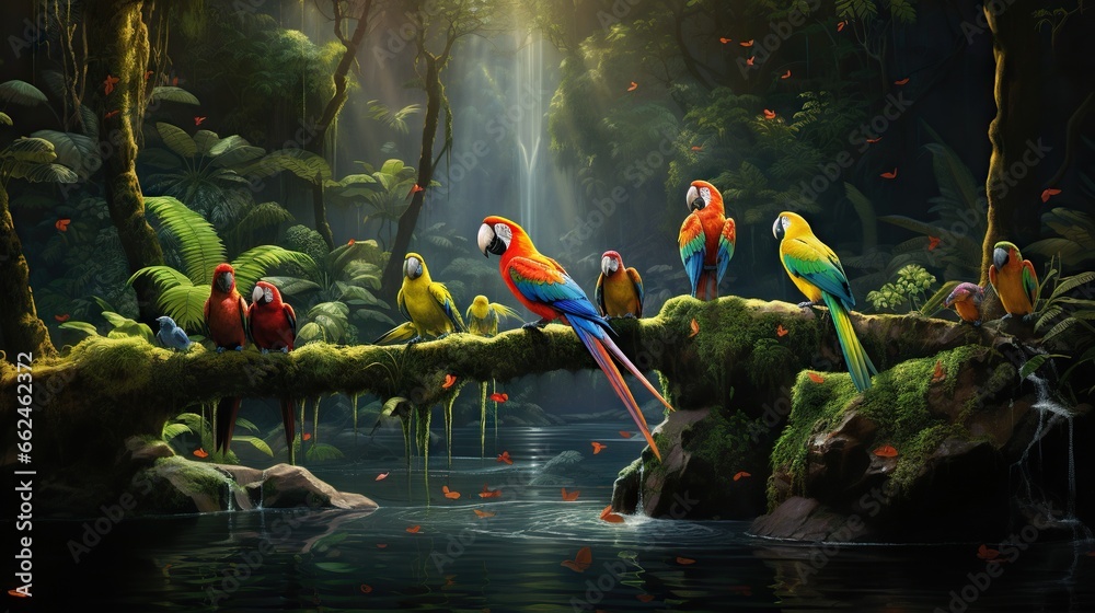  a group of colorful parrots sitting on a branch in the jungle.  generative ai