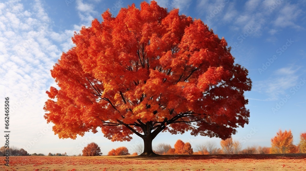  a large tree with orange leaves in a field with a blue sky.  generative ai