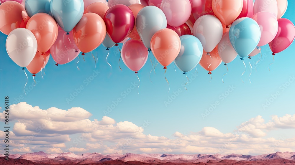  a bunch of balloons floating in the air over a mountain range.  generative ai