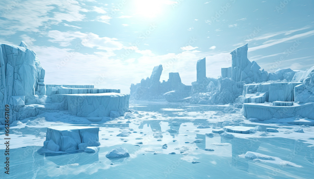 Icebergs on blue water under bright sky with white clouds.