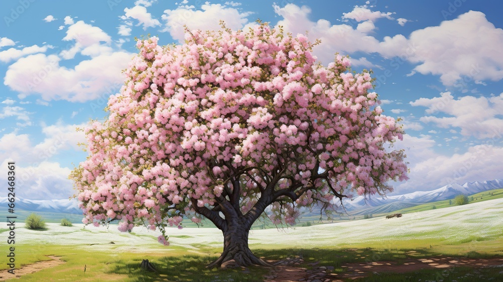  a painting of a tree with pink flowers in the foreground.  generative ai