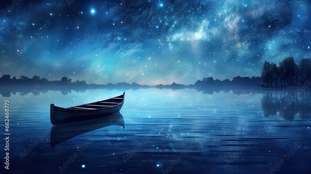  a boat floating on top of a lake under a night sky filled with stars.  generative ai