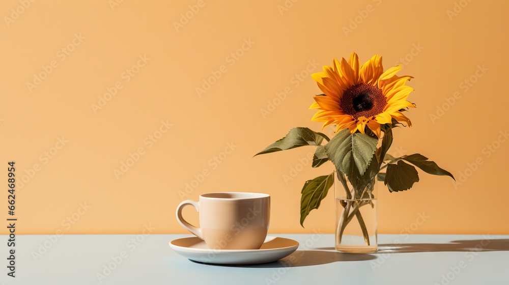  a cup and saucer with a sunflower in a vase.  generative ai