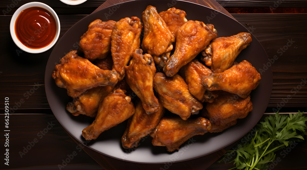 chicken wings and dipping sauce: aerial view on white plates with lightbox style, appetizing dish with fresh, natural ingredients