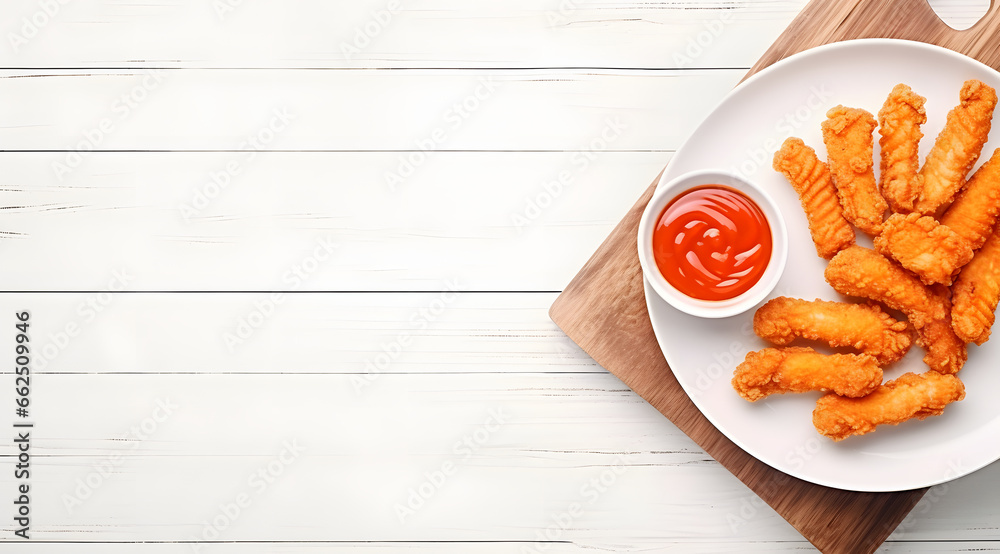 Fried Chicken with Thai Dipping Sauce on a White Plate Over a Wooded table