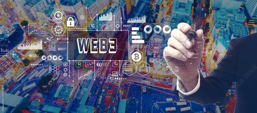 Web3 theme with businessman in a city at night